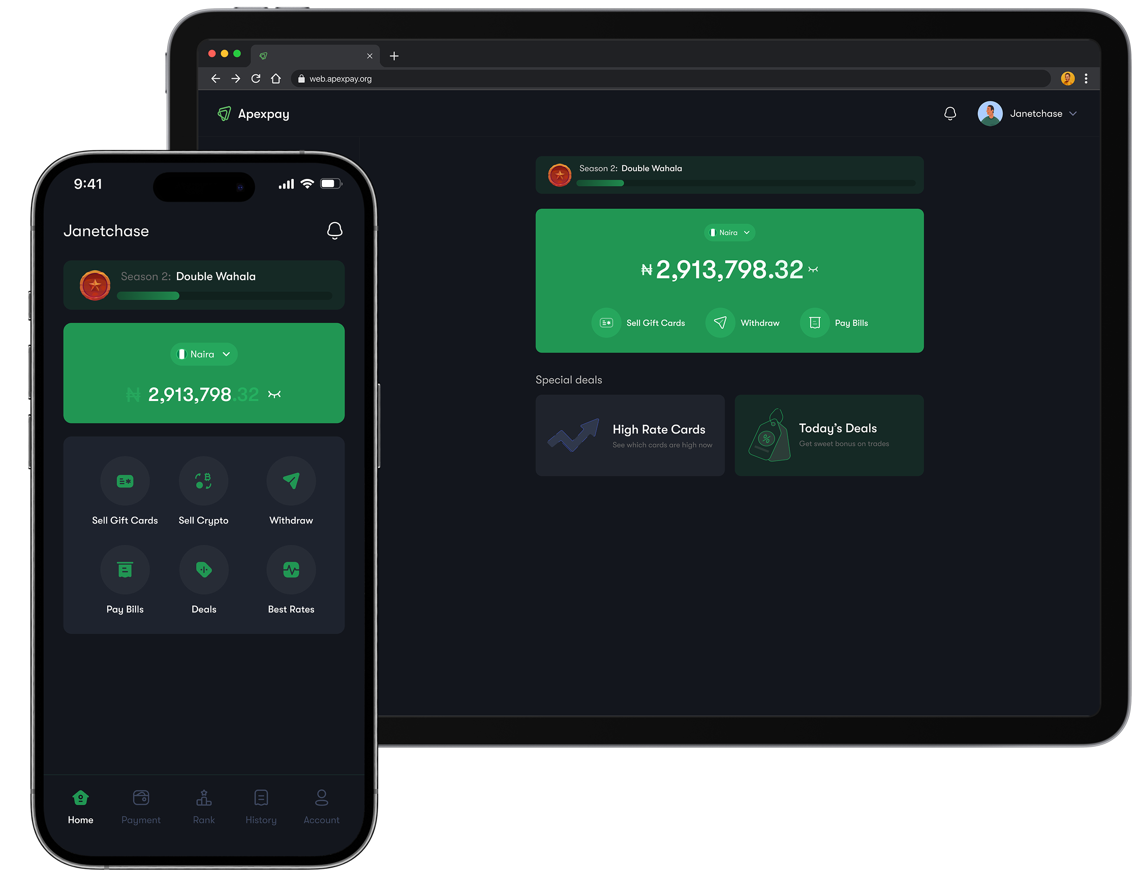 Apexpay dashboard on desktop showing gift card trading interface